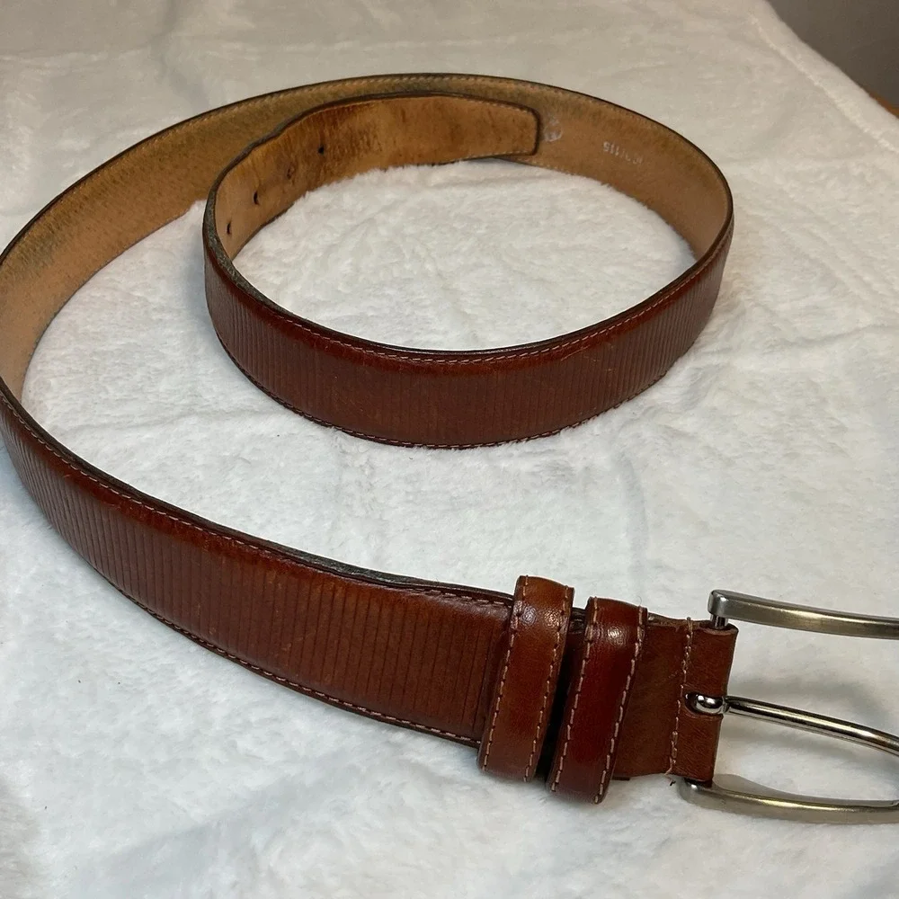 Men's Italian Leather Aponte Belt Brown Ribbed Silver Hardware 43.5